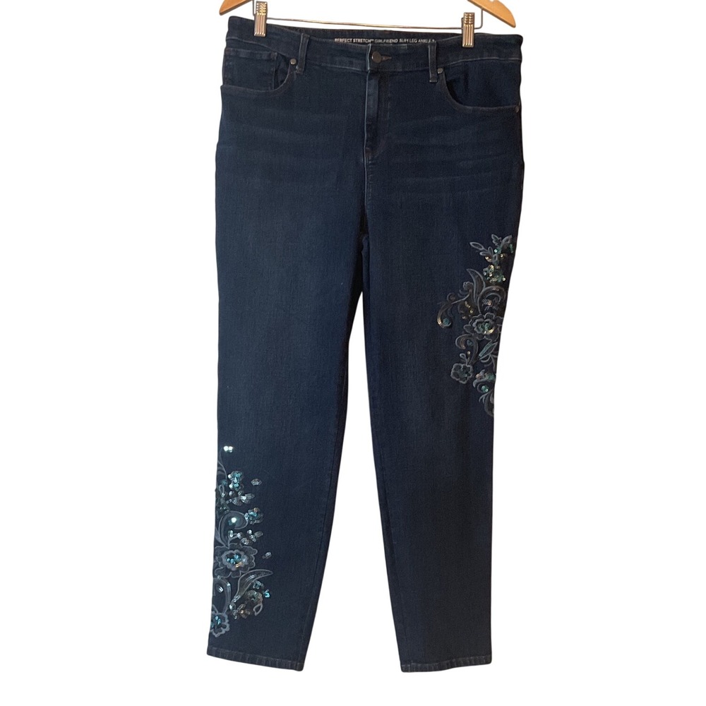 Chicos Perfect Stretch Girlfriend Slim Leg Ankle Jeans Blue Floral Sequin Size 2